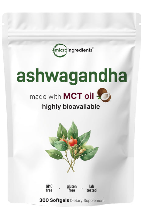 Micro Ingredients ashwagandha softgels bottle emphasizing absorption with coconut MCT oil