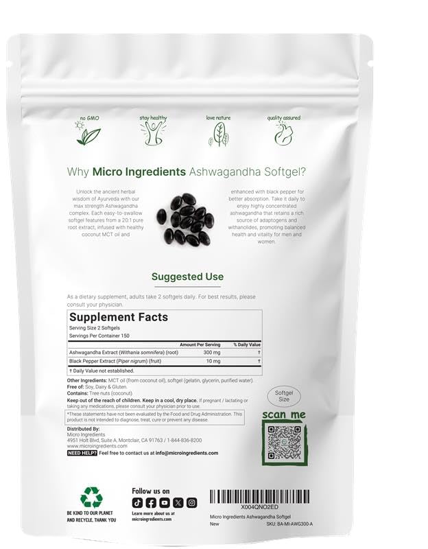 Micro Ingredients ashwagandha softgels close-up showing smooth texture and root extract
