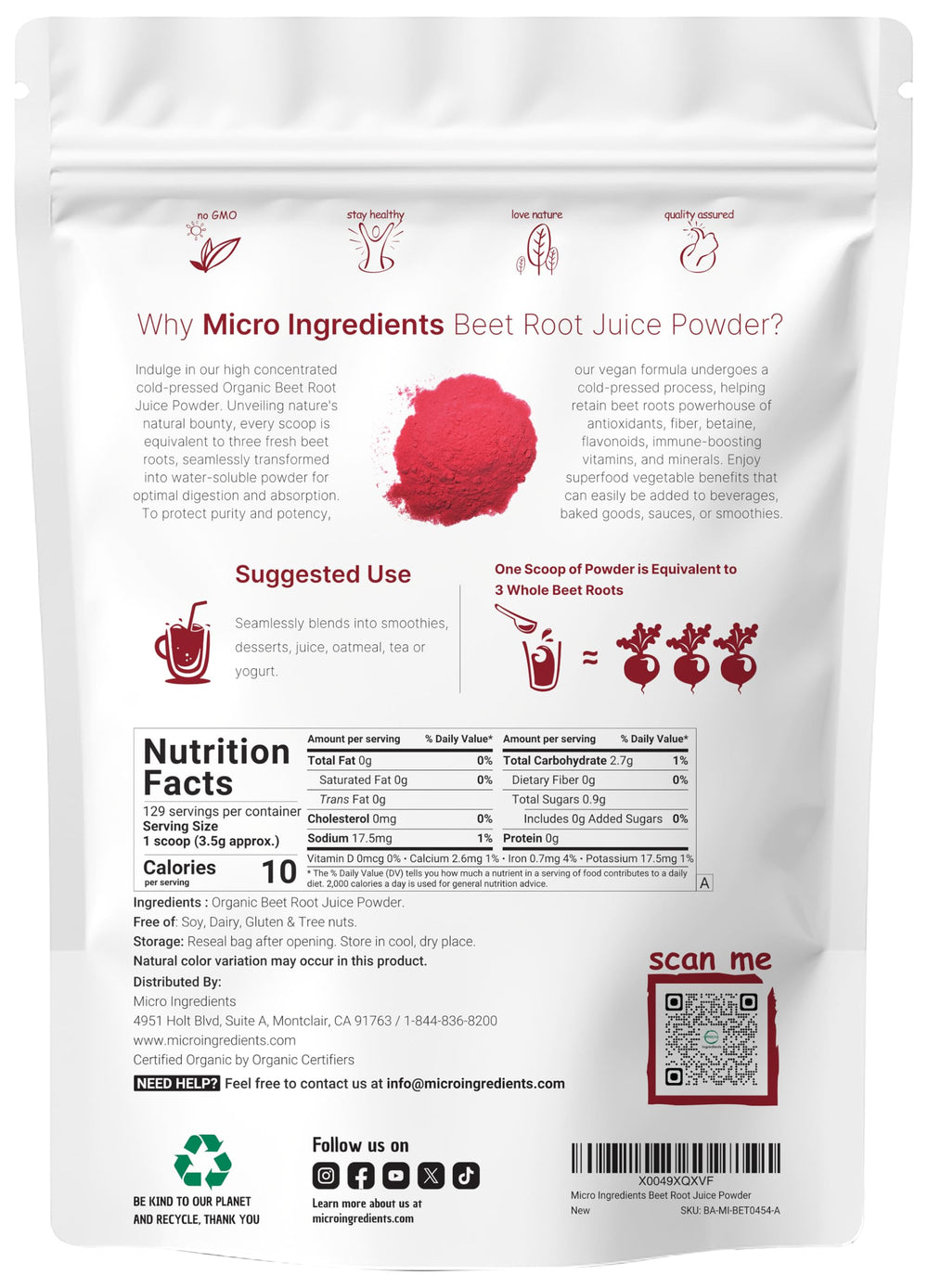Micro Ingredients beet root juice powder scoop for easy, convenient smoothie servings.
