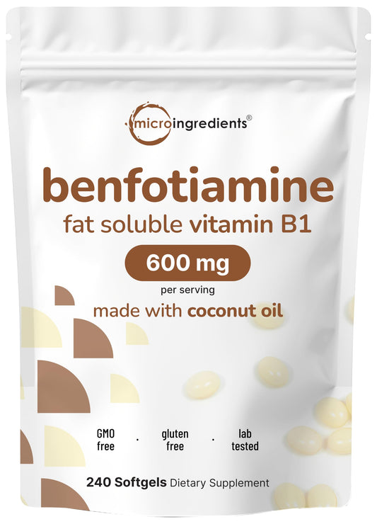 Micro Ingredients benfotiamine softgels bottle front view may support energy metabolism.