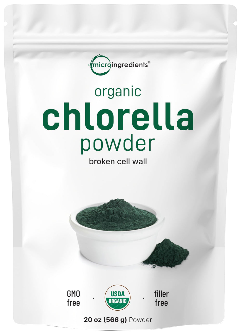 Micro Ingredients chlorella powder poured from jar showing broken cell walls for absorption in smoothies.
