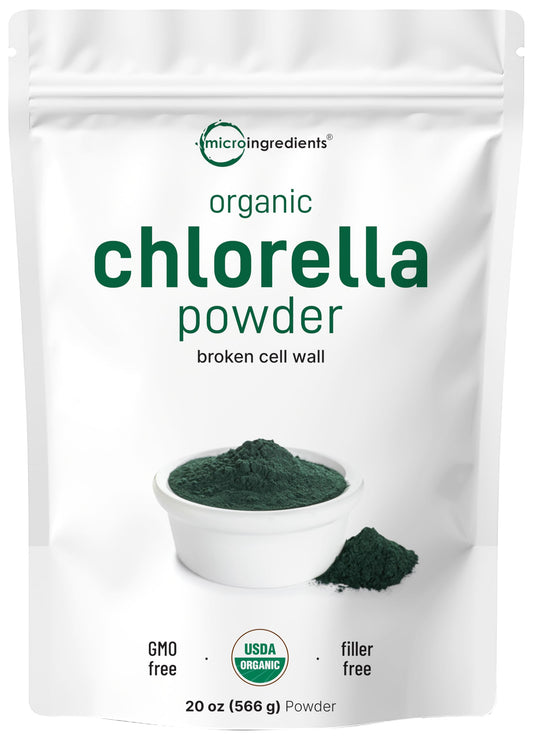 Micro Ingredients chlorella powder poured from jar showing broken cell walls for absorption in smoothies.