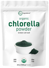 Micro Ingredients chlorella powder poured from jar showing broken cell walls for absorption in smoothies.