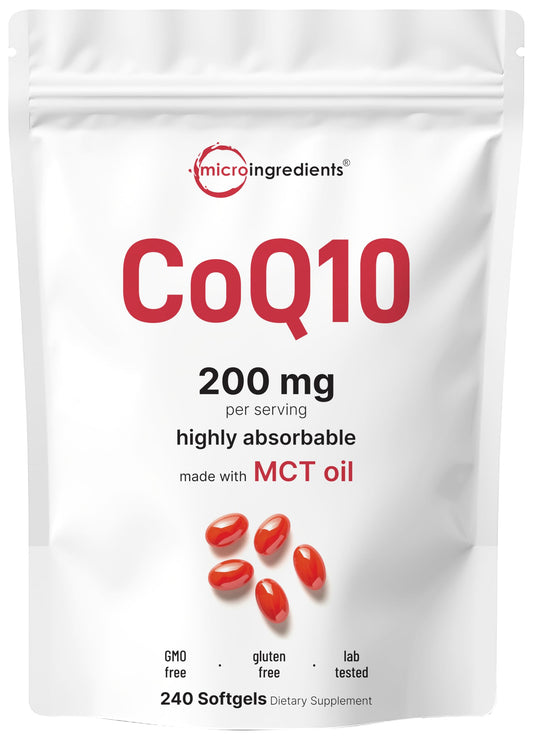 Micro Ingredients CoQ10 softgels bottle front showing high absorption formula.