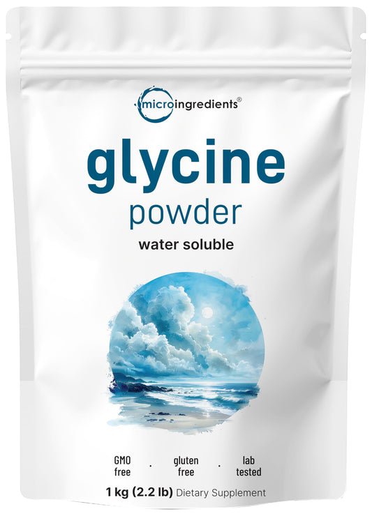 Micro Ingredients glycine powder bottle with scoop for easy daily dosing.