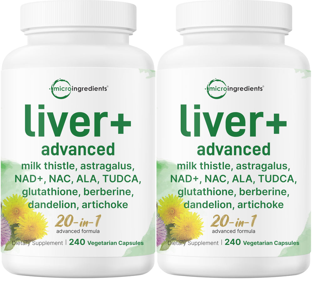 Micro Ingredients Liver Advanced+ bottle front view showing the 20-in-1 formula for potential liver support