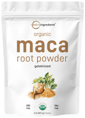 Micro Ingredients maca root powder jar showing organic Peru origin for daily nutrition.