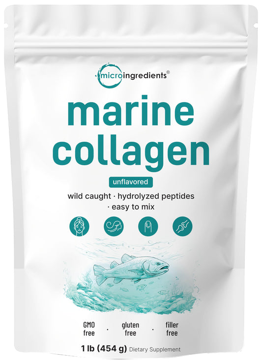 Micro Ingredients Marine Collagen Powder 1lb pouch, unflavored and easy to mix.