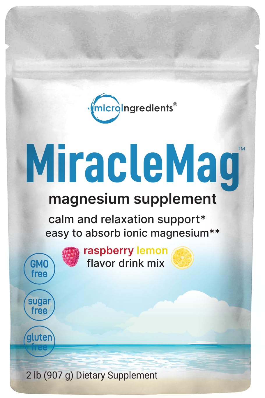 Micro Ingredients MiracleMag bottle shows calming magnesium powder for daily balance.