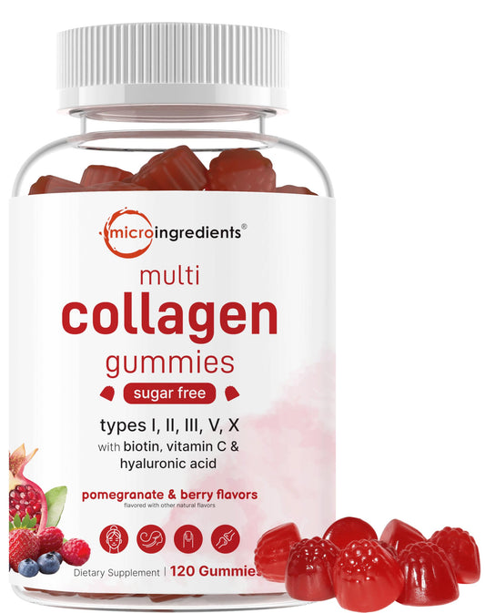 Micro Ingredients Multi Collagen Gummies bottle with sugar free pomegranate berry flavor