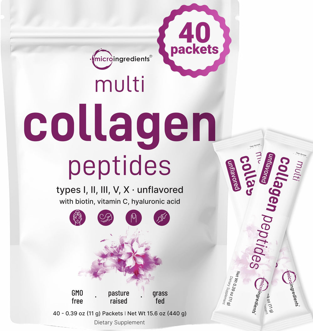 Micro Ingredients multi collagen peptides stick-pack front for convenient on-the-go beauty support.