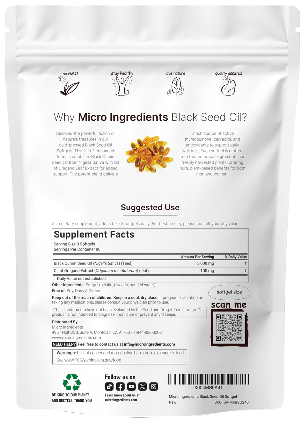 Micro Ingredients Oil of Oregano Softgels bottle with 2-in-1 formula.
