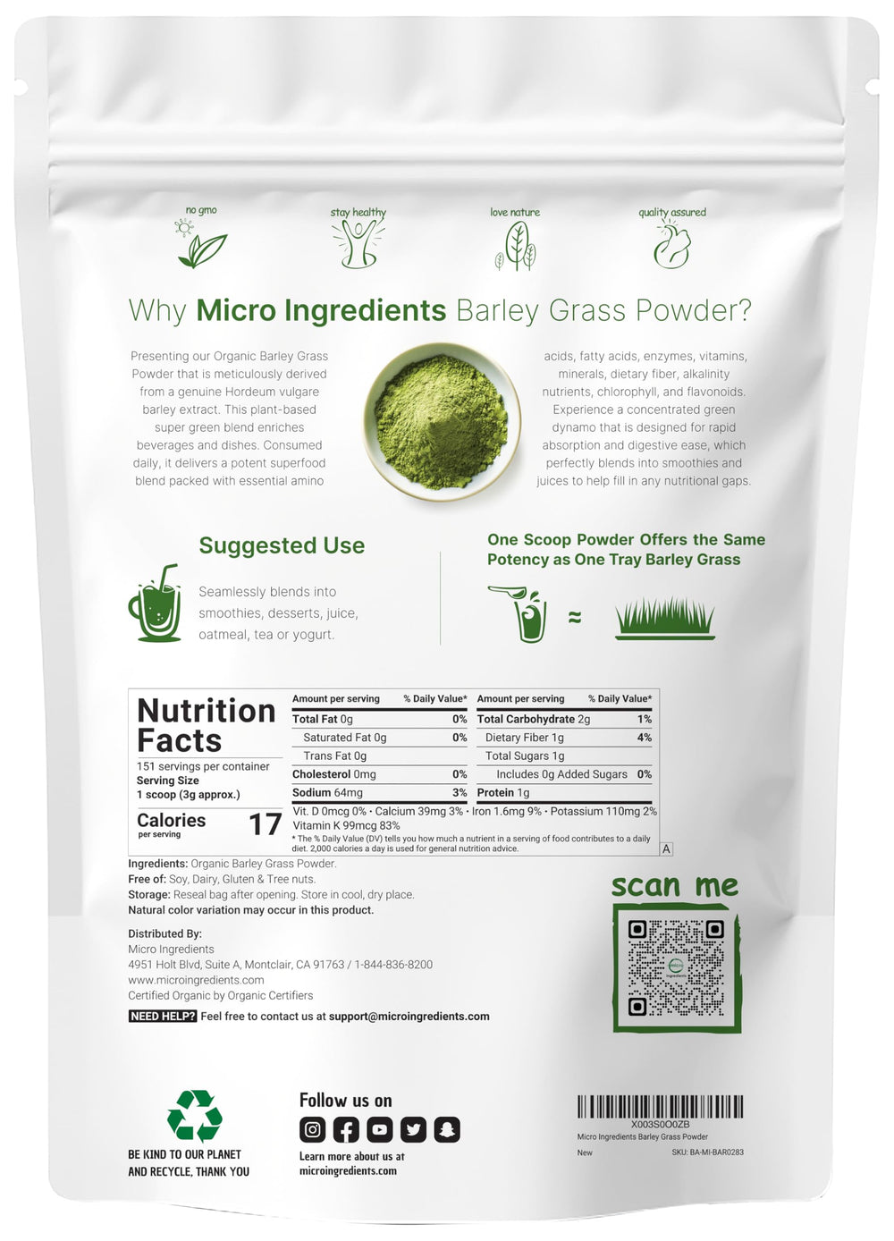 Micro Ingredients barley grass powder scoop ready for a 3 g serving in smoothies
