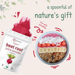 Micro Ingredients organic beet root juice powder packaging emphasizes non-GMO and vegan friendly.