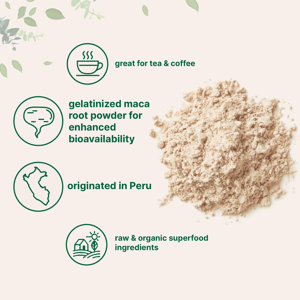 Packaging of organic maca powder with clean ingredient list and no additives.