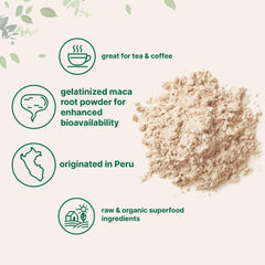 Packaging of organic maca powder with clean ingredient list and no additives.