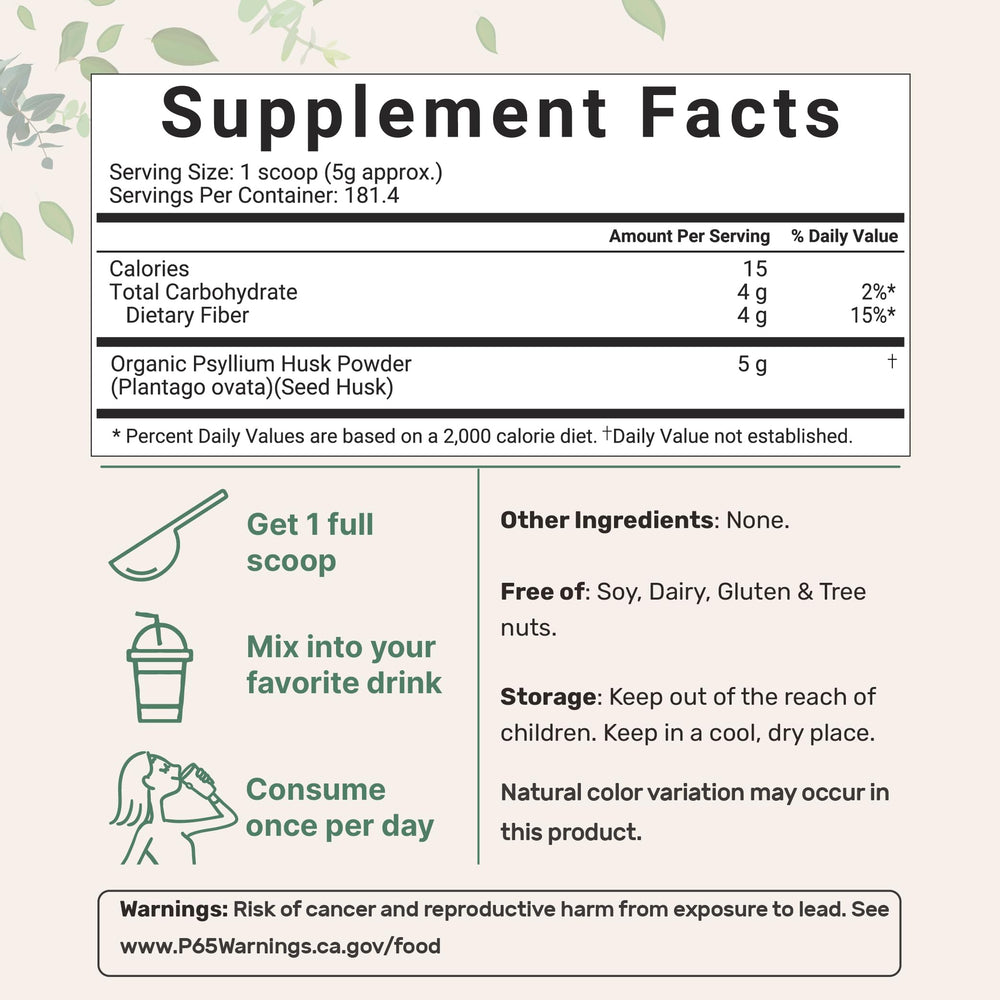 Micro Ingredients organic psyllium husk powder label highlights India origin and purity