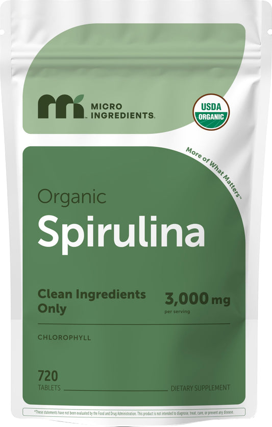 Micro Ingredients Organic Spirulina tablets bottle front for convenient daily greens