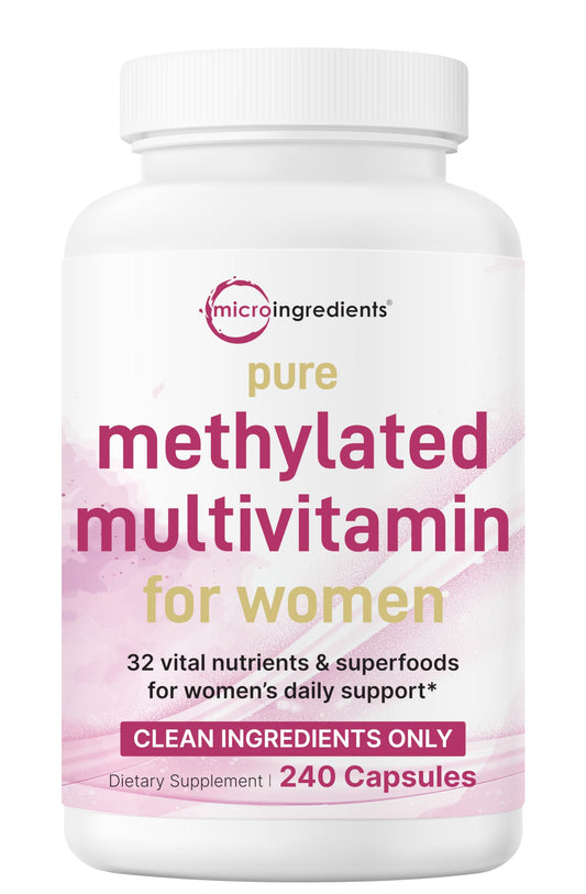 Micro Ingredients Pure Methylated Multivitamin for Women bottle shows 32 nutrients for daily wellness