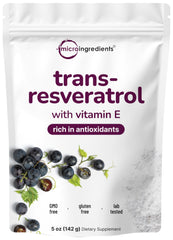 Micro Ingredients Pure Trans-Resveratrol powder bottle shows premium antioxidant blend for daily use