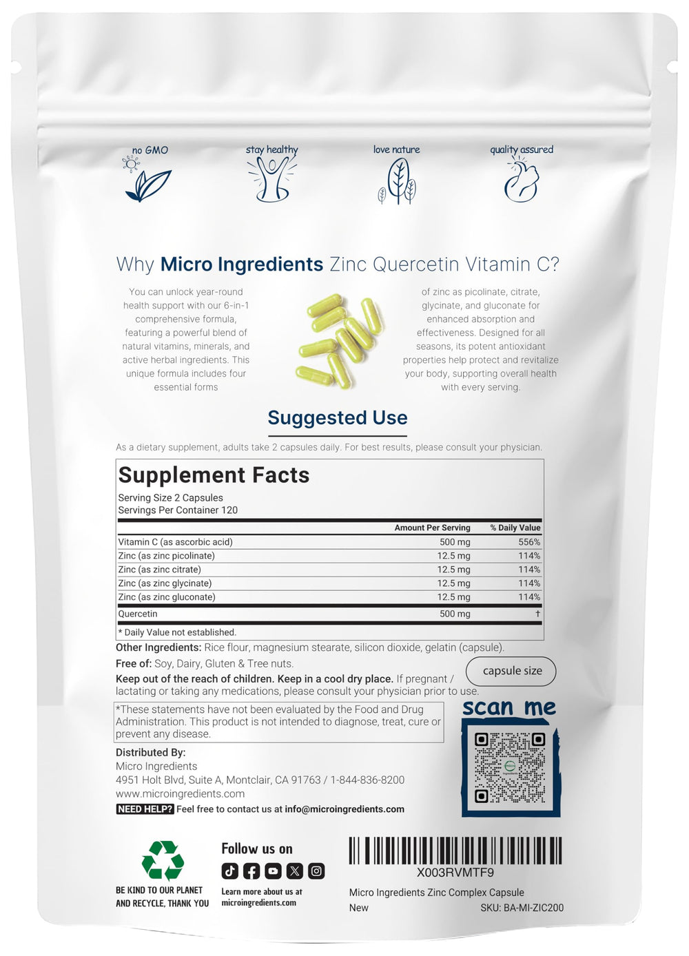 Micro Ingredients Quercetin packaging label highlights vitamin C and zinc for immune support