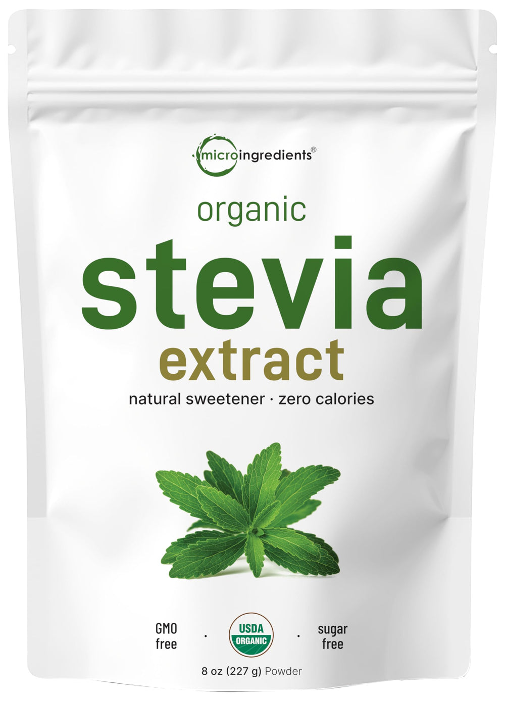 Micro Ingredients stevia powder bottle with scoop for precise zero-calorie sweetening.