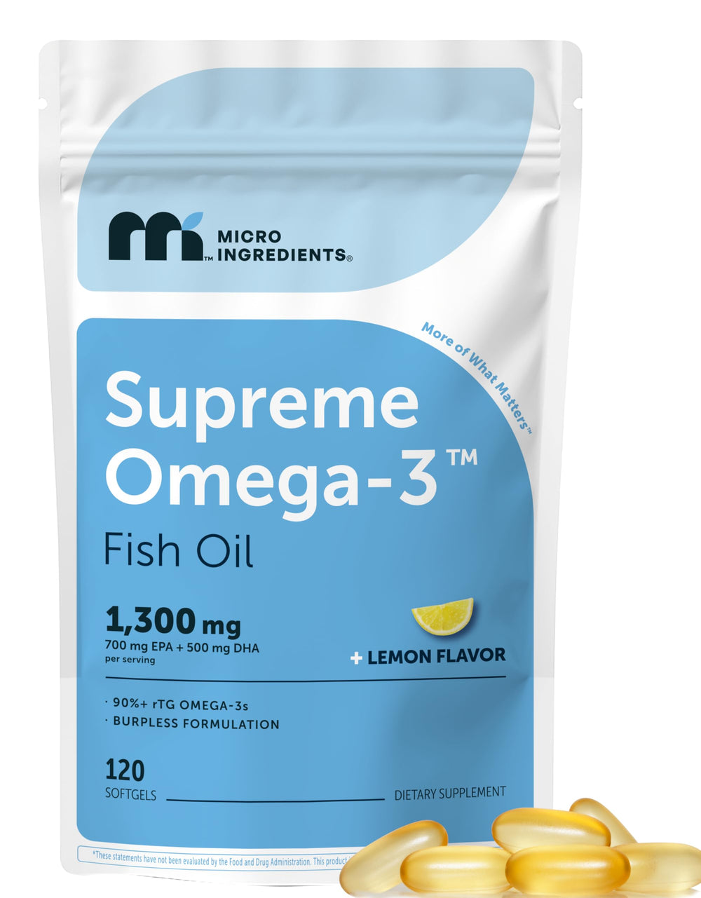 Micro Ingredients Supreme Omega-3 bottle with burpless softgels for easy daily use.