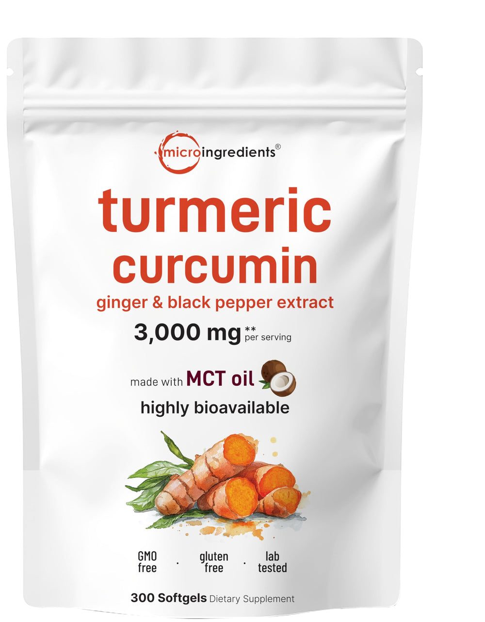 Micro Ingredients turmeric curcumin bottle displaying a 4-in-1 formula for daily wellness