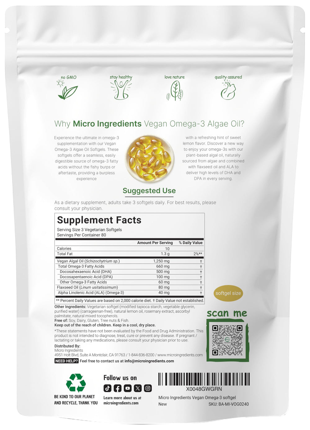 Micro Ingredients algae oil lemon softgels close-up showing smooth texture for daily use