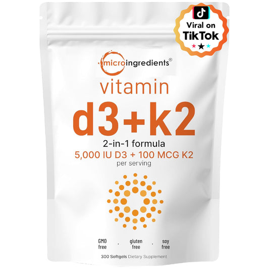 Micro Ingredients Vitamin D3 K2 bottle with softgels for daily support.
