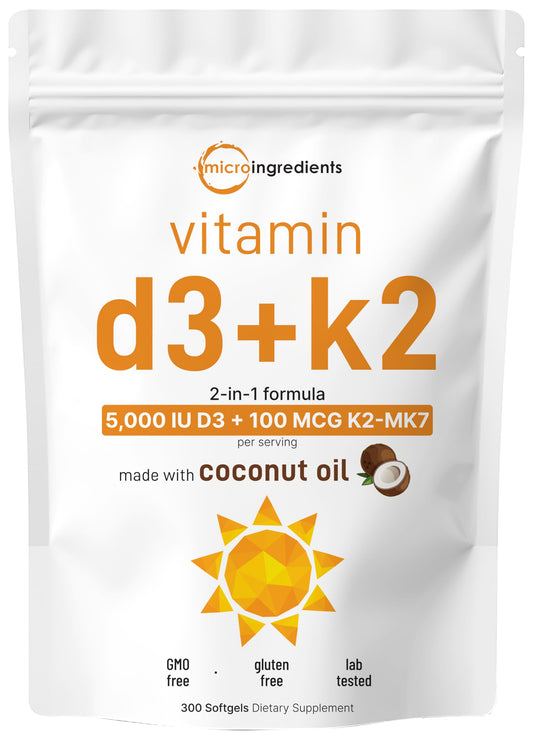 Micro Ingredients vitamin D3 K2 bottle with 300 softgels for daily use