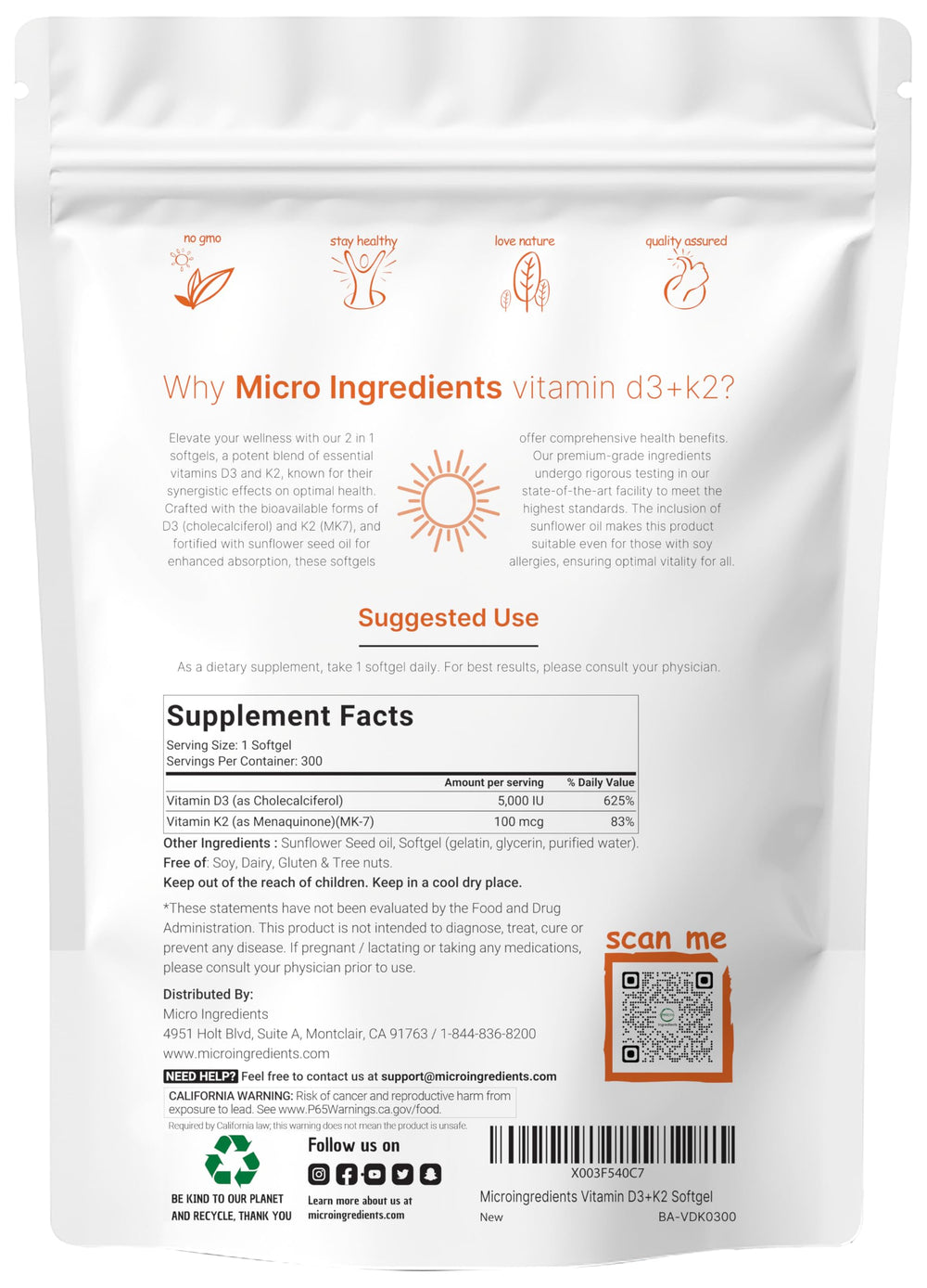 Close-up of vitamin D3 K2 label with 5,000 IU D3 and 100 mcg K2.