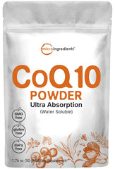 Micro Ingredients water soluble COQ10 powder bottle highlighting easy absorption and daily use
