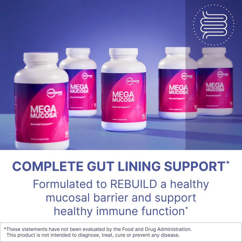 MegaMucosa capsules closeup highlights amino acids for mucosal health