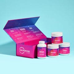 Microbiome Labs MegaPre powder container highlighting precision prebiotic support for diverse microbiome.