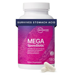 Microbiome Labs MegaSporeBiotic bottle front for overall gut health support.