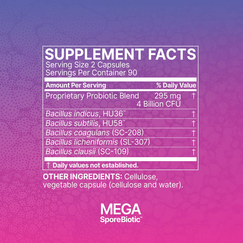 Family-friendly MegaSporeBiotic bottle suitable for adults and teens.