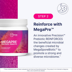 Microbiome Labs MegaSporeBiotic digestive health scene on a shelf.