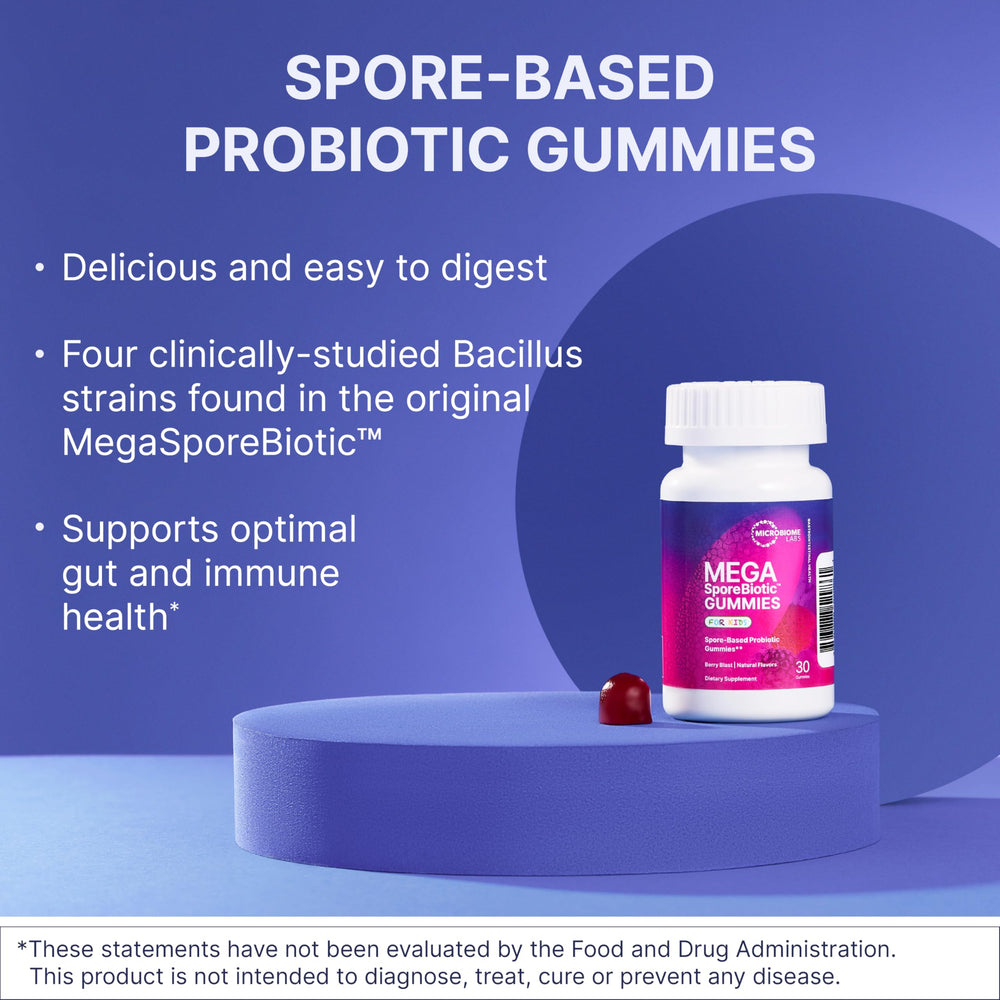 MegaSporeBiotics Kids gummies closeup highlighting berry flavor and chewable format for easy dosing