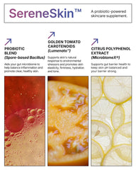 Microbiome Labs SereneSkin Bacillus clausii illustration highlighting skin microbiome support