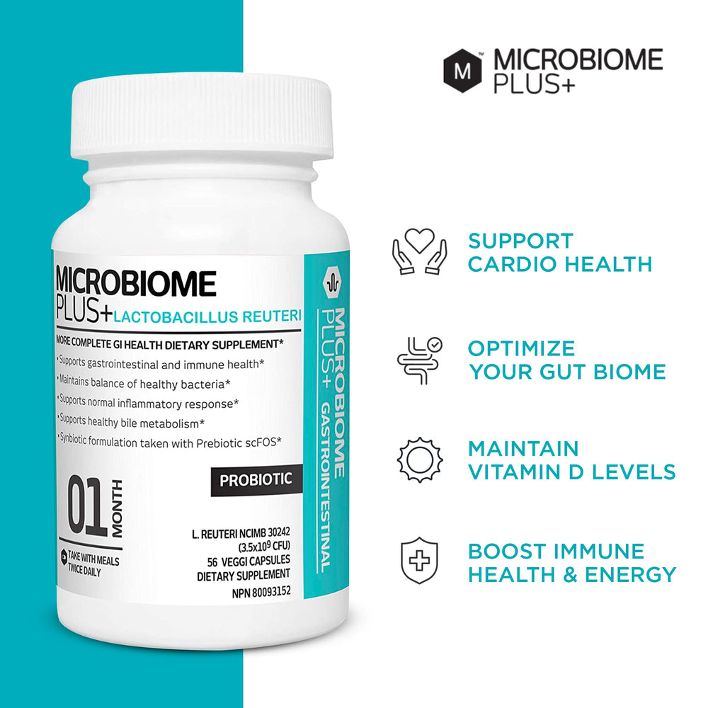 Microbiome Plus bottle on shelf with clean clinical aesthetic
