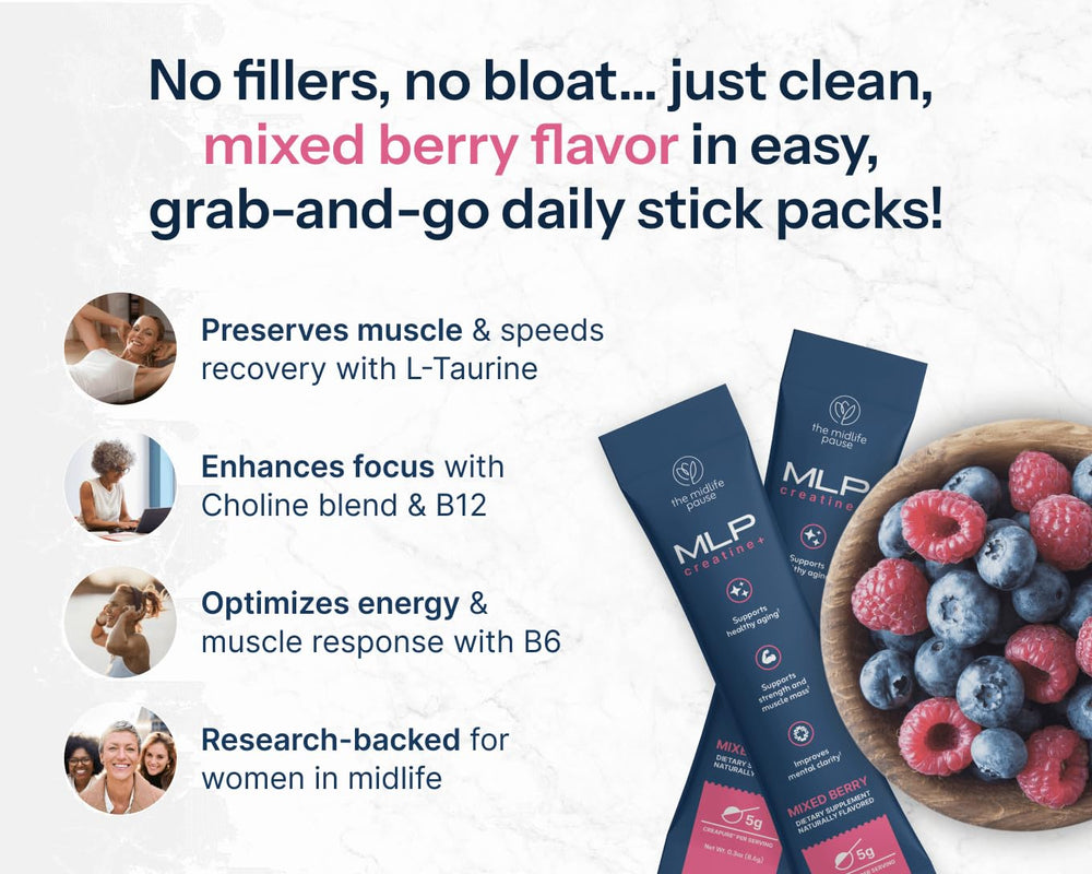 Midlife Pause creatine powder mixed-berry glass for a convenient daily mix.