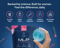 Midlife Pause creatine powder scoop shows precise 5 g serving for consistency.