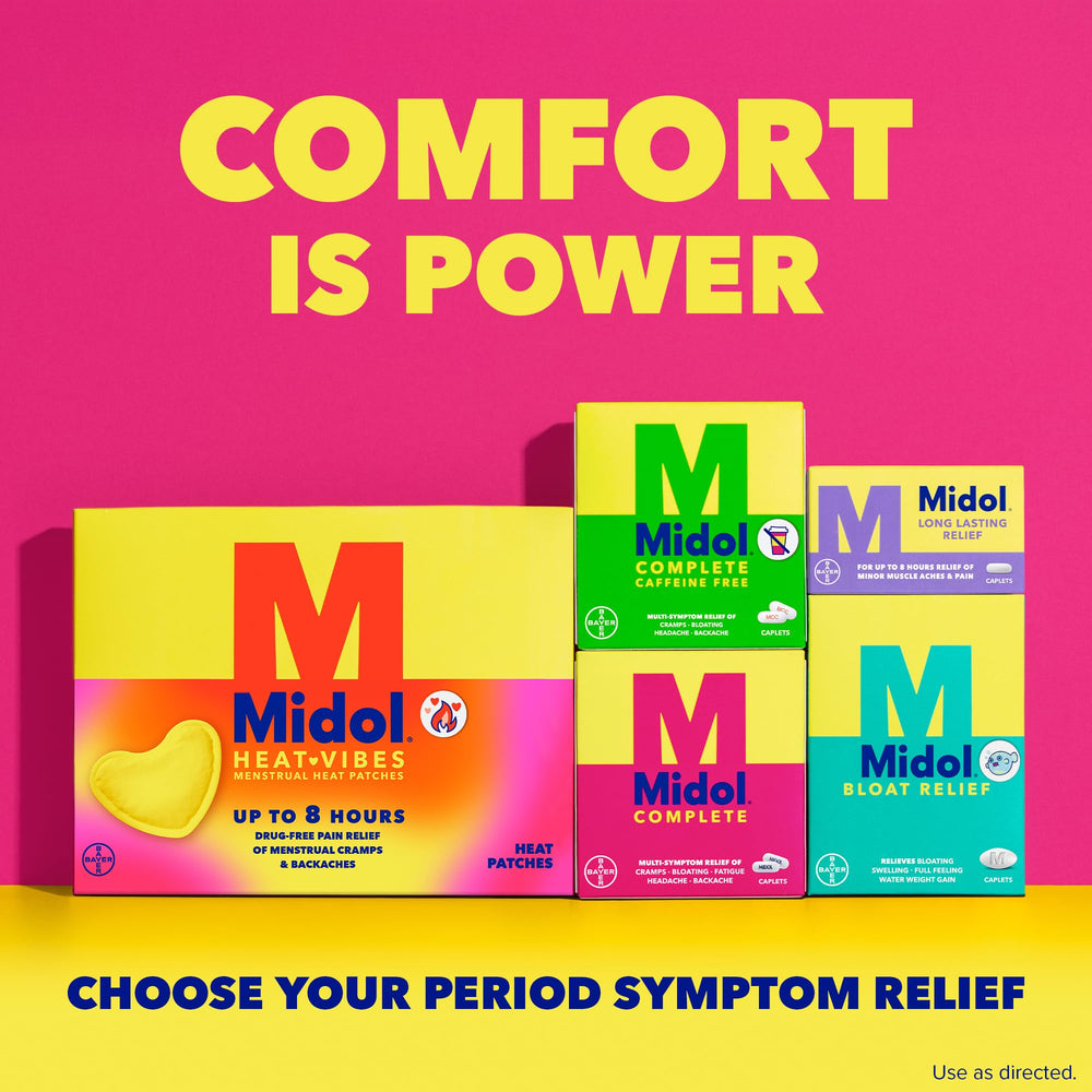 Midol Complete caplets with glass of water illustrating intake