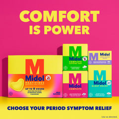 Midol Complete caplets with glass of water illustrating intake