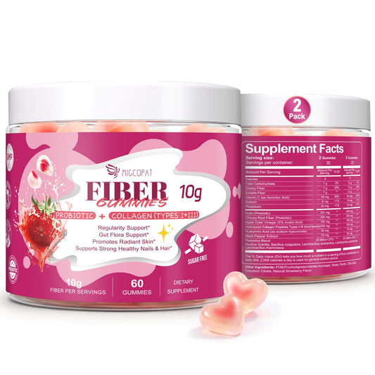 Migcopat 10G fiber gummies bottle close-up highlighting 10g fiber per serving for digestion