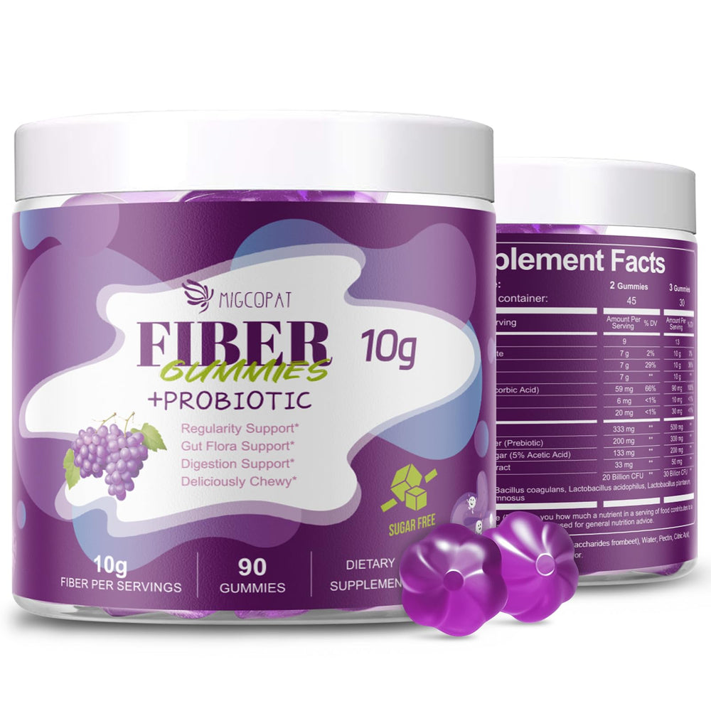 Migcopat fiber gummies bottle shows daily fiber support in a vegan, sugar-free format.