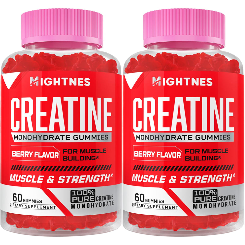 Mightnes Creatine Gummies bottle front for convenient pre workout fuel