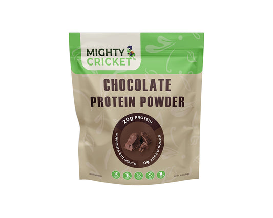 Front view of Mighty Cricket chocolate protein bottle with clean keto and paleo label