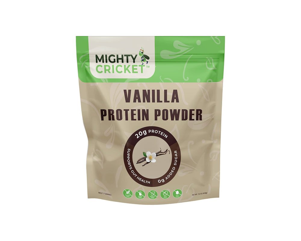 Mighty Cricket Protein Powder vanilla tub front shows clean formula for daily protein